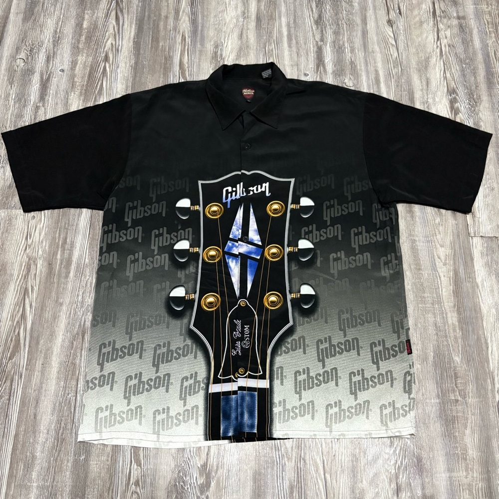 Gibson Tour Wear Shirt Mens XL Black Les Paul Guitar Print Button Up Dragonfly